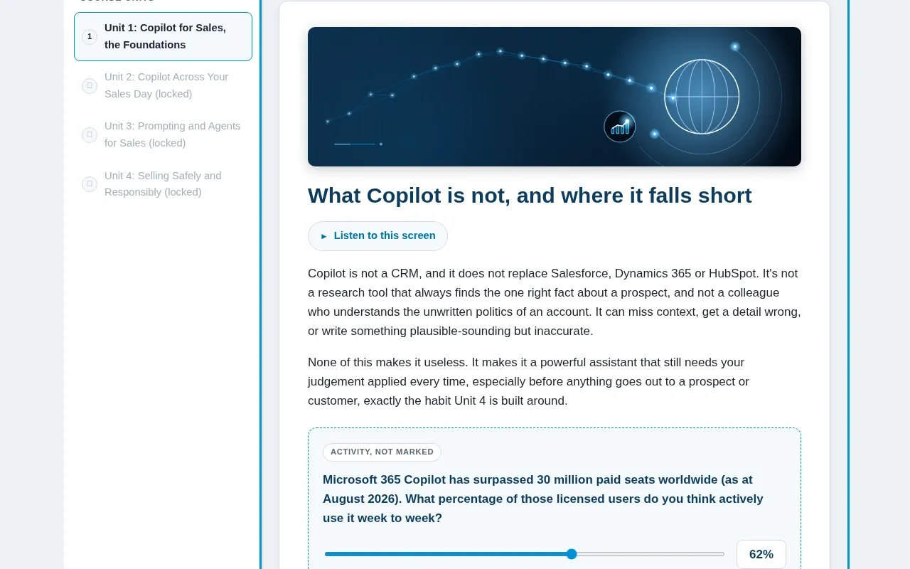 Microsoft 365 Copilot for Sales Teams course screen: an interaction from the course