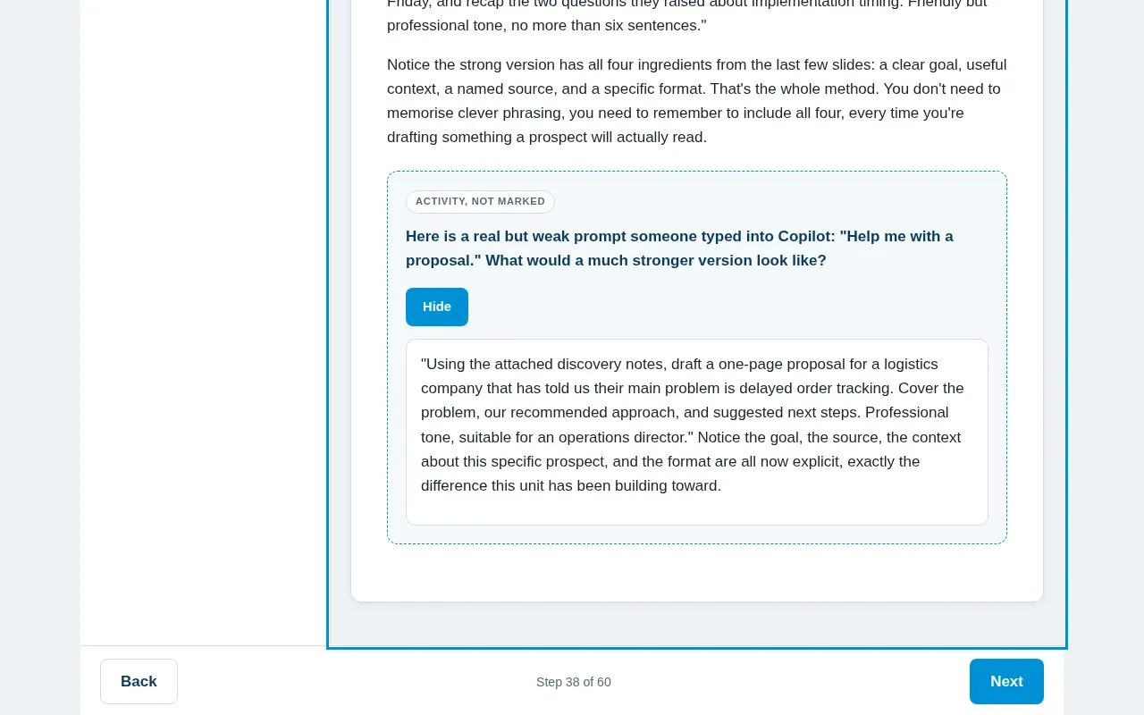Microsoft 365 Copilot for Sales Teams course screen: an interaction from the course