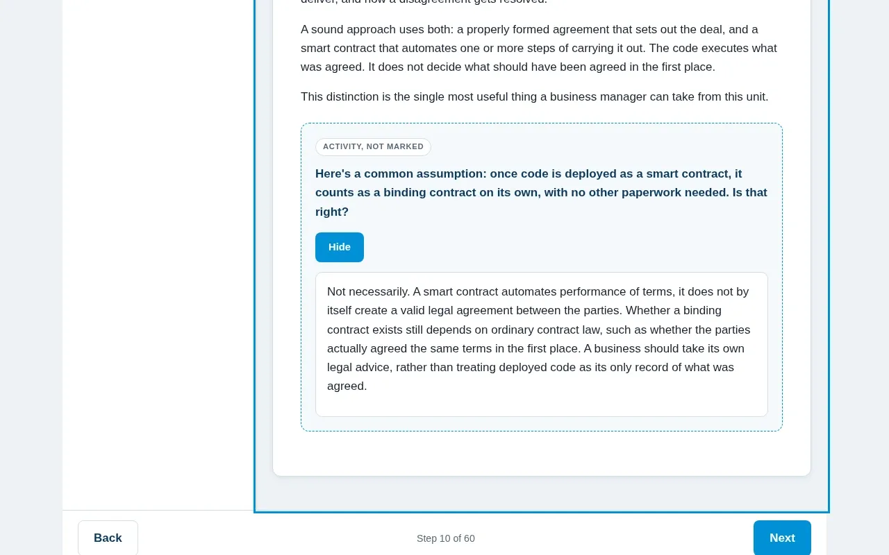 Smart Contracts for Business course screen: an interaction from the course