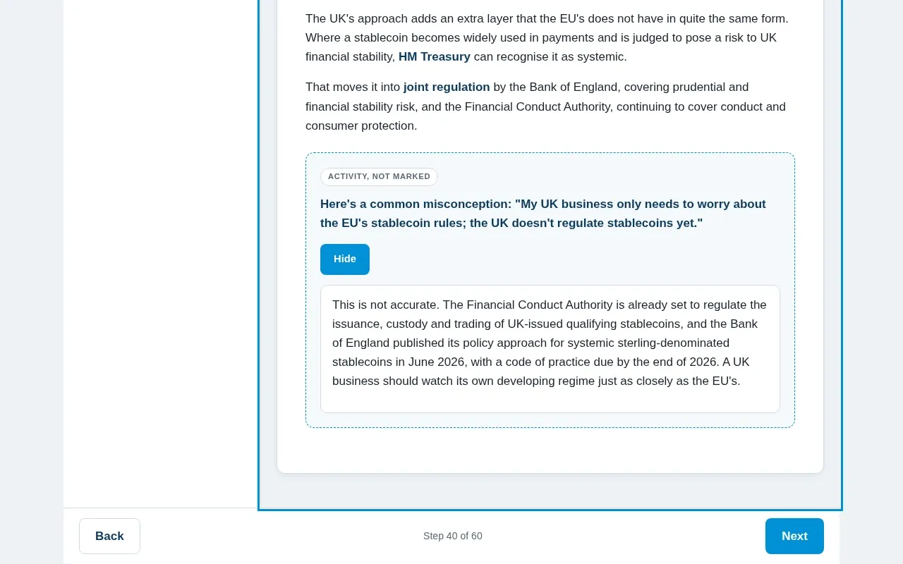 Stablecoins & Digital Payments for Business course screen: an interaction from the course