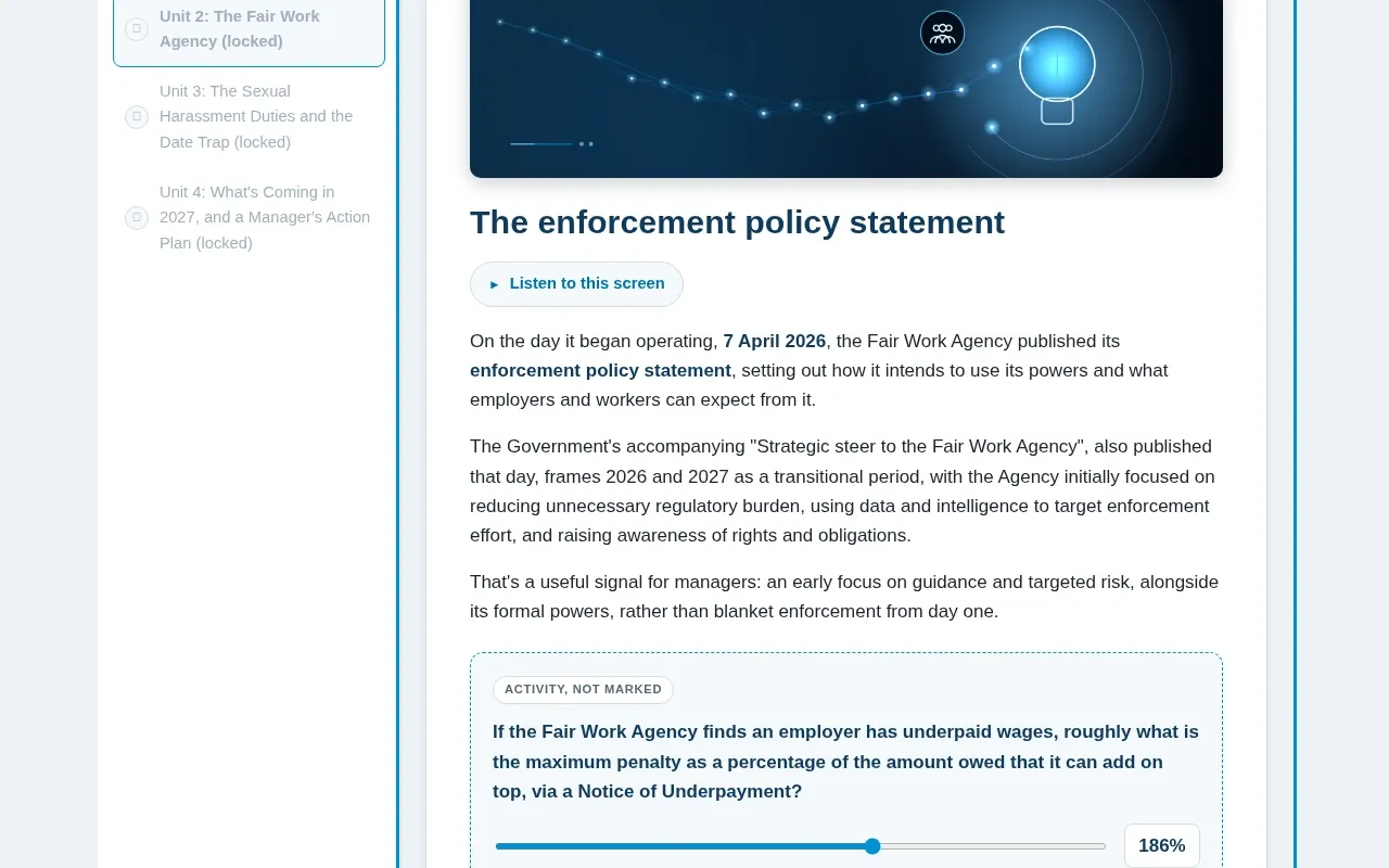 The Manager's Guide to the 2026 Employment Rights Overhaul course screen: an interaction from the course