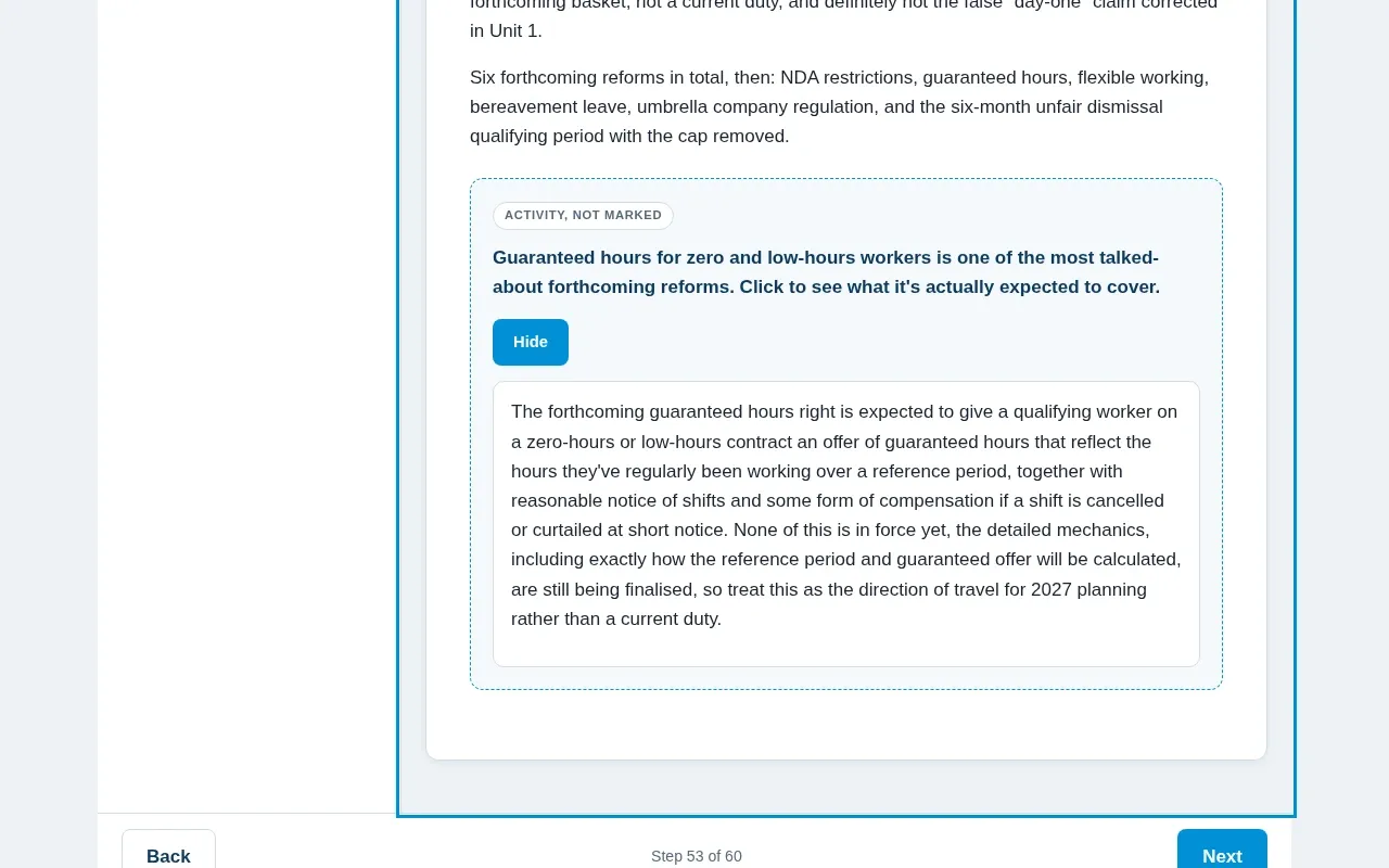 The Manager's Guide to the 2026 Employment Rights Overhaul course screen: an interaction from the course