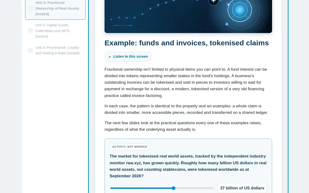Tokenisation & Digital Ownership for Business course screen: an interaction from the course