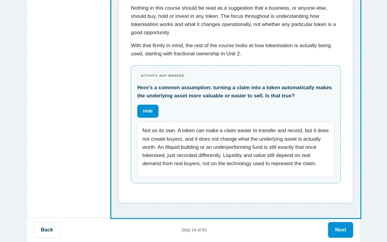 Tokenisation & Digital Ownership for Business course screen: an interaction from the course